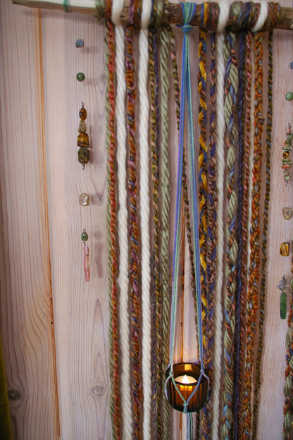 earthy gemstone double candle holder driftwood wall hanging / boho home decor / nature wall art / boho style / hanging candle holder