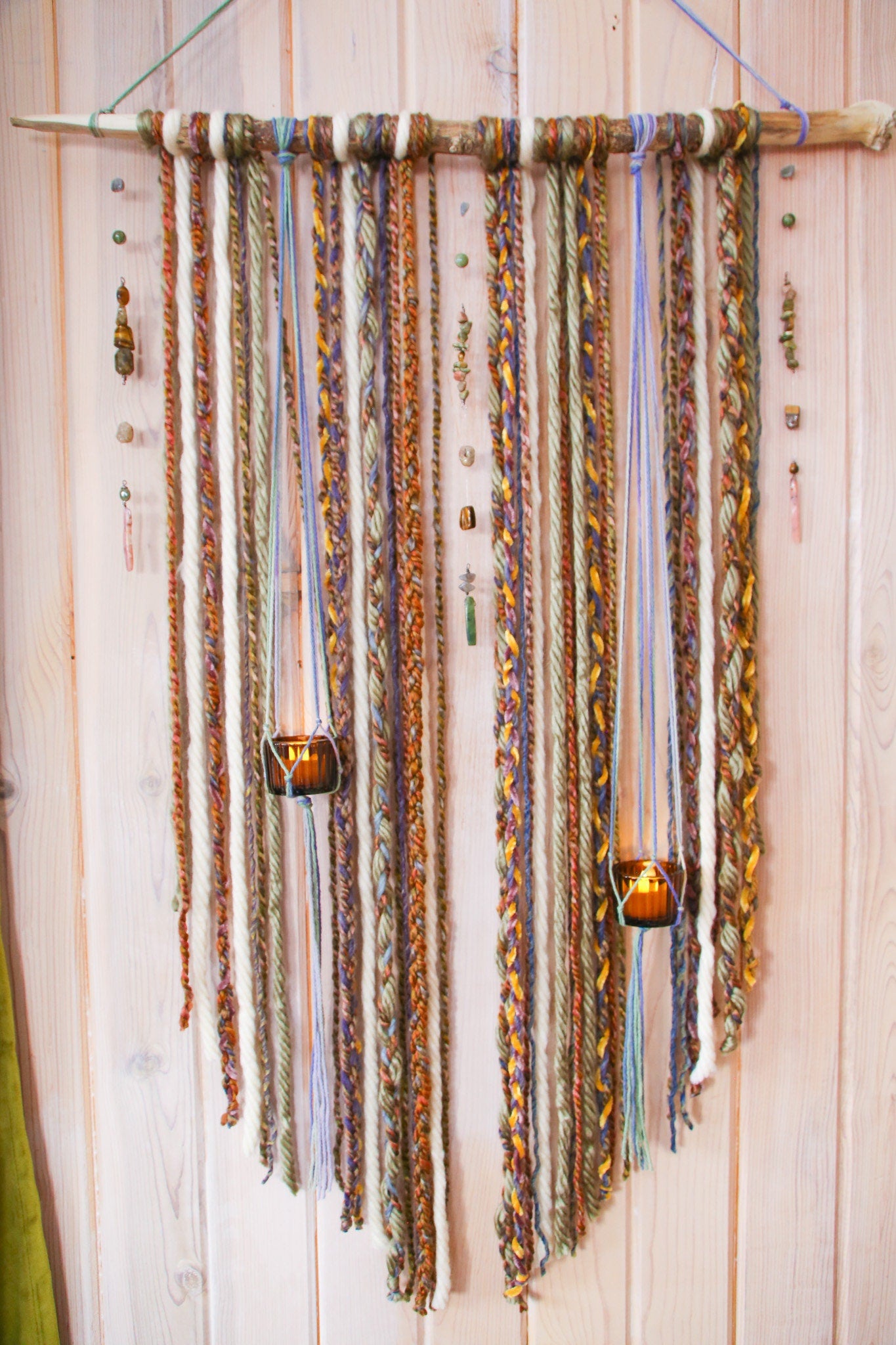 earthy gemstone double candle holder driftwood wall hanging / boho home decor / nature wall art / boho style / hanging candle holder