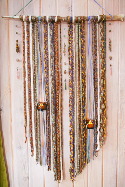 earthy gemstone double candle holder driftwood wall hanging / boho home decor / nature wall art / boho style / hanging candle holder