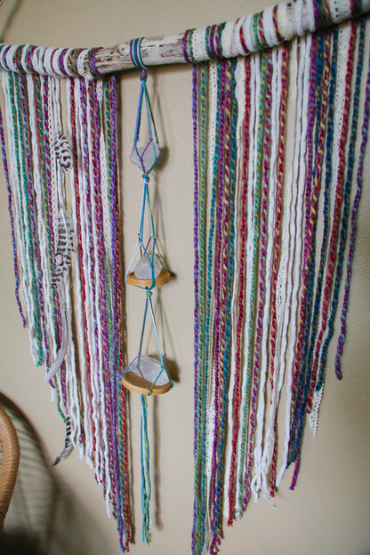 Large Quartz crystal rainbow fiber driftwood wall hanging