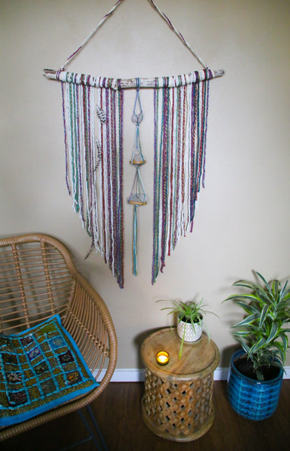 Large Quartz crystal rainbow fiber driftwood wall hanging
