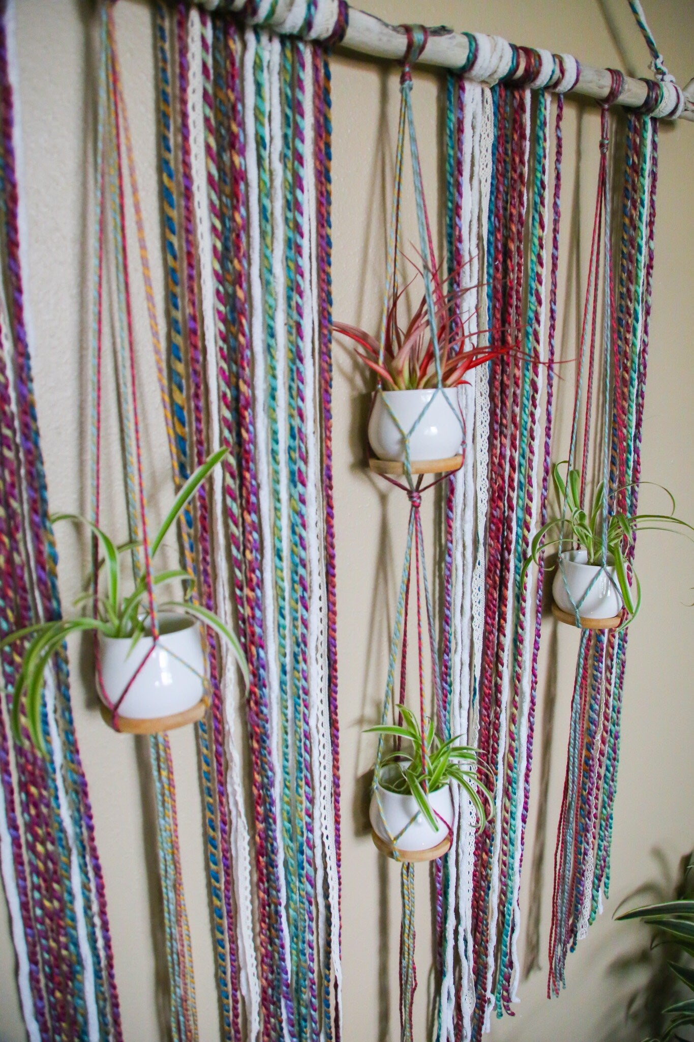 Large 4 pot hanging driftwood planter with rainbow fiber
