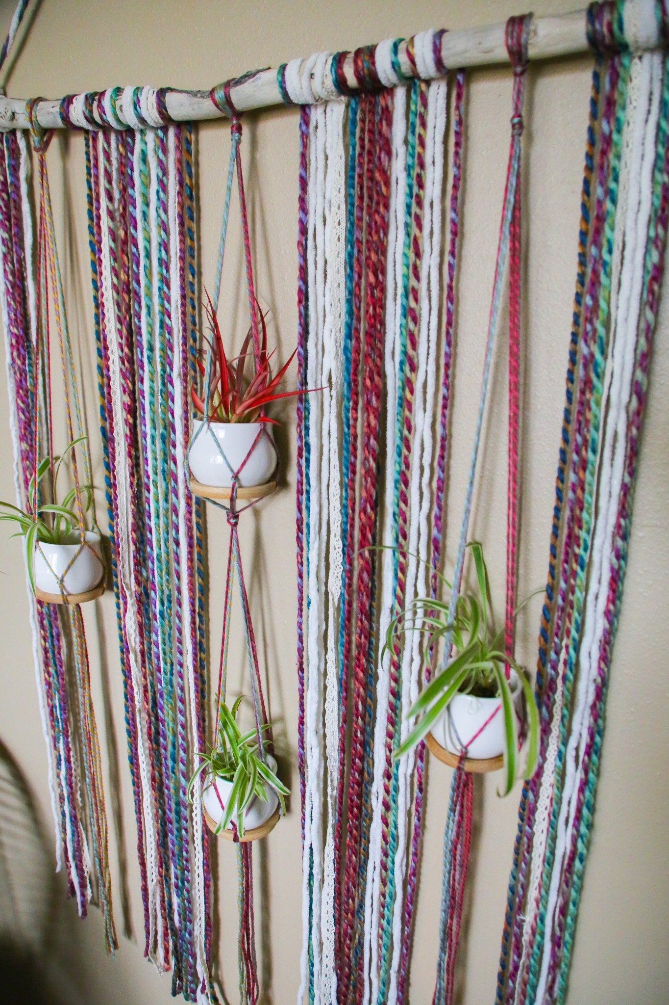 Large 4 pot hanging driftwood planter with rainbow fiber