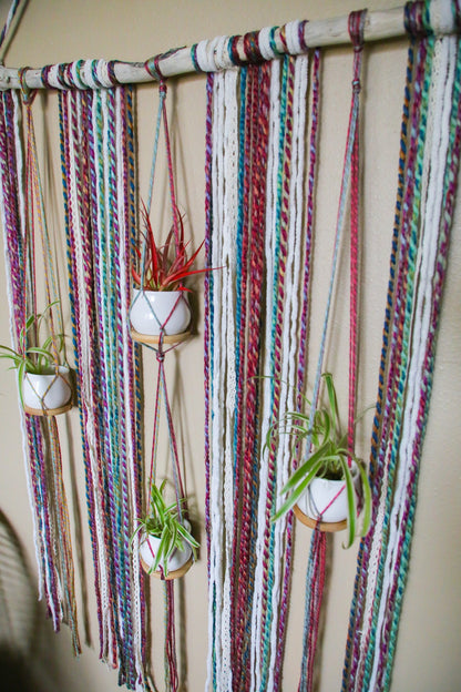 Large 4 pot hanging driftwood planter with rainbow fiber