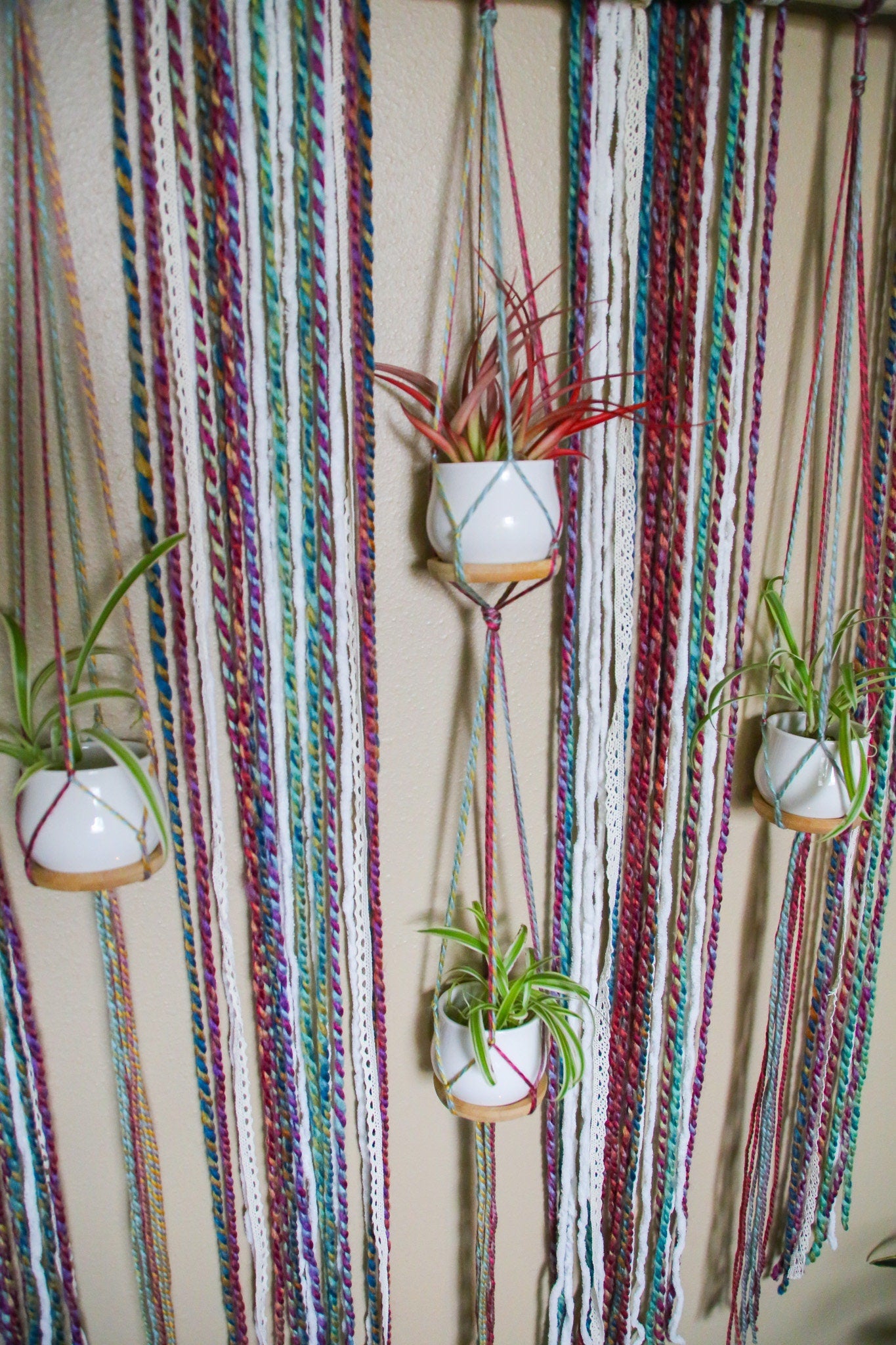 Large 4 pot hanging driftwood planter with rainbow fiber