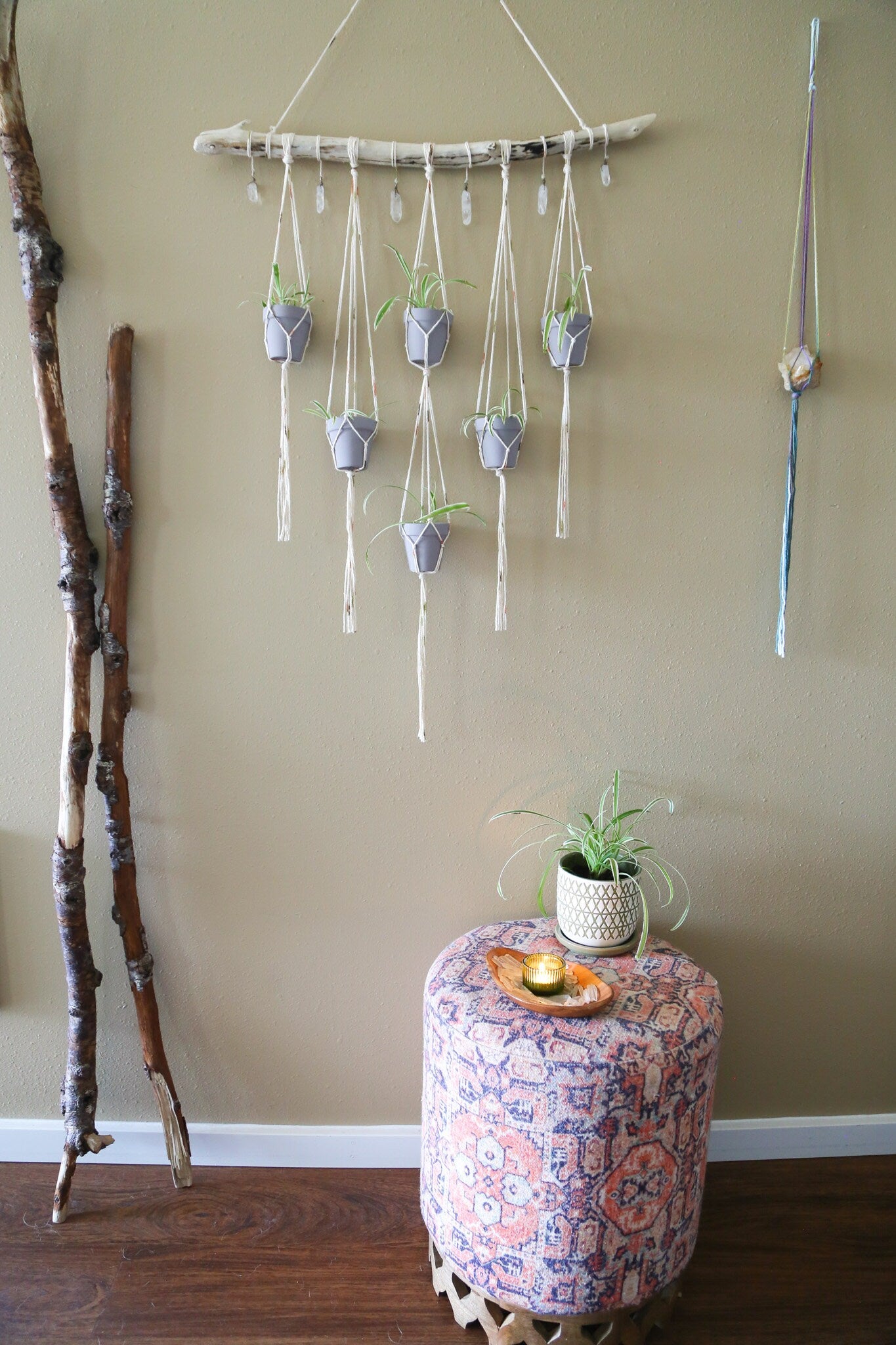 Quartz crystal candle holder driftwood wall hanging