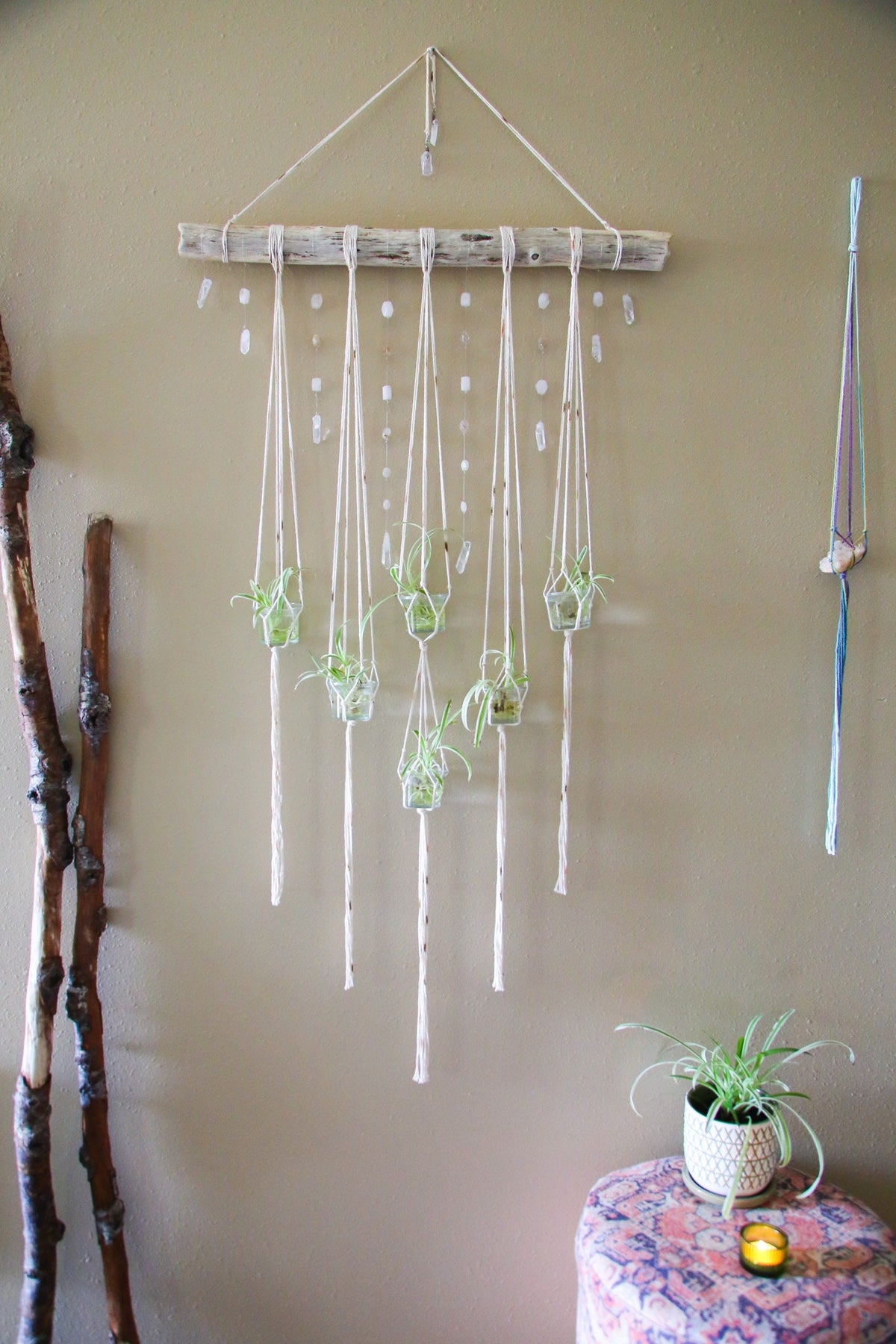 6 piece hanging planter candle holder gemstone driftwood wall hanging