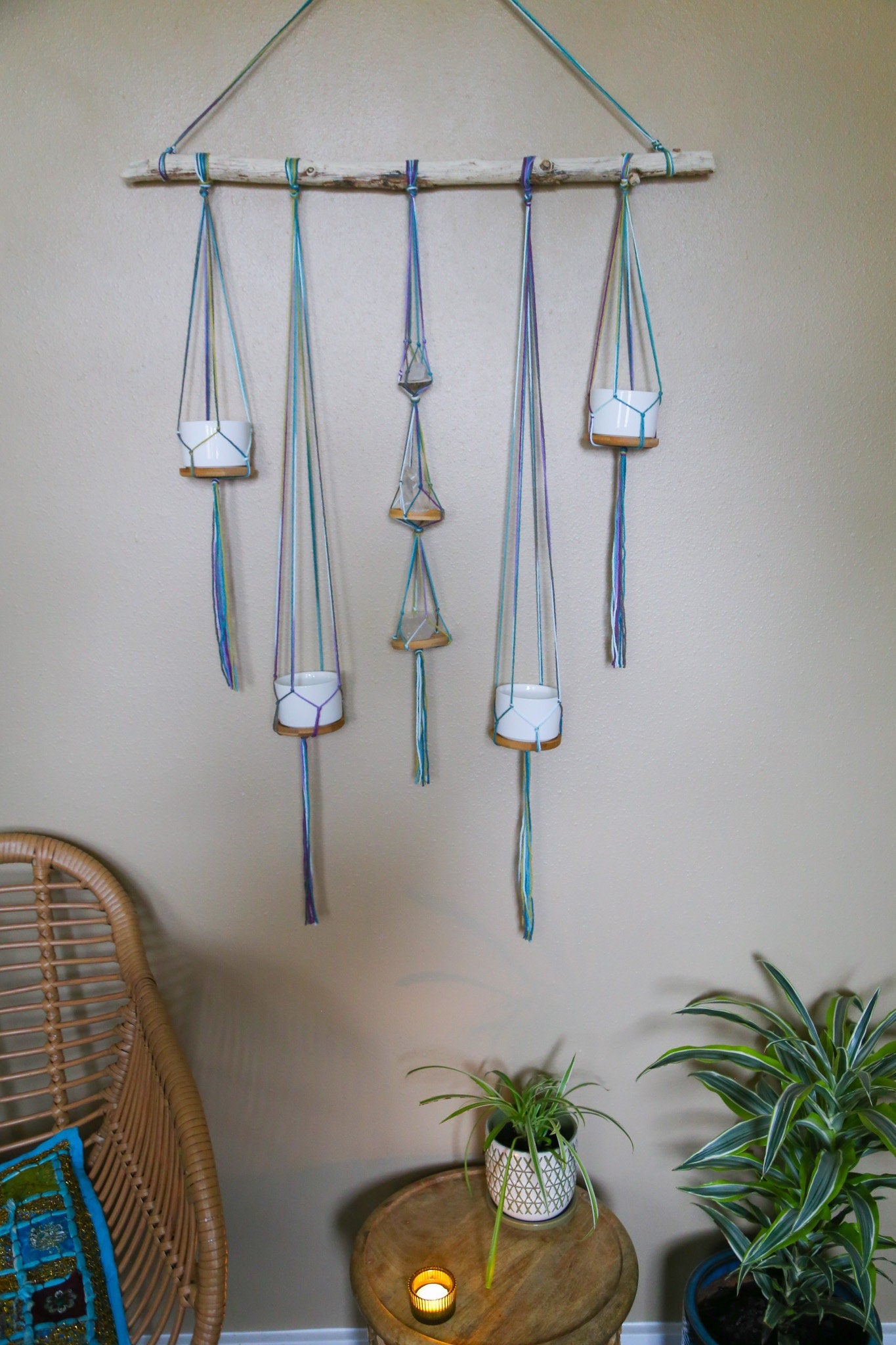 Large Driftwood Quartz Crystal 4 pot hanging planter