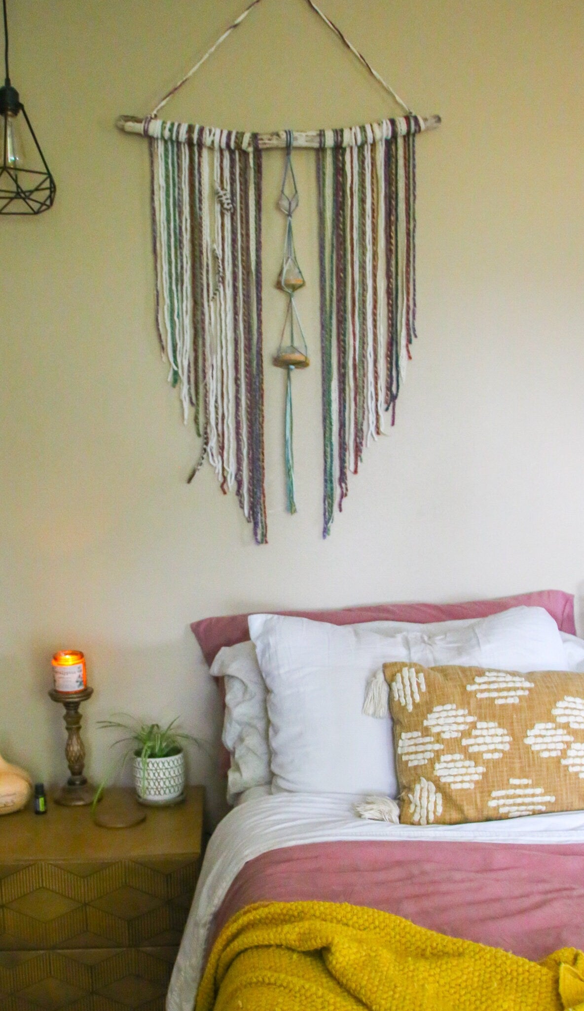 Large Quartz crystal rainbow fiber driftwood wall hanging