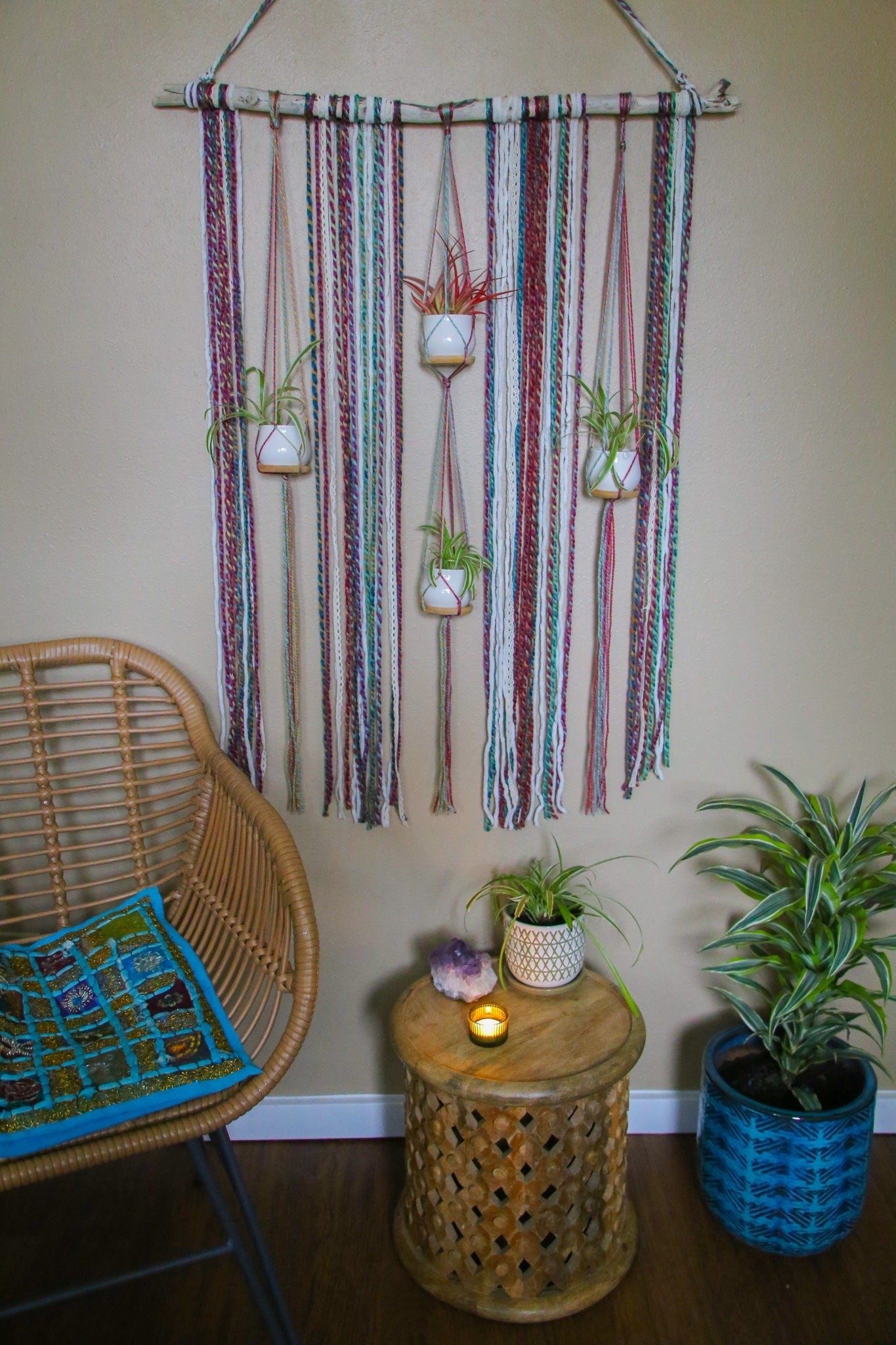 Large 4 pot hanging driftwood planter with rainbow fiber