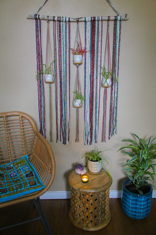large 4 pot hanging driftwood planter with rainbow fiber / pride home decor / hanging plant decor / hanging planter / rainbow home decor