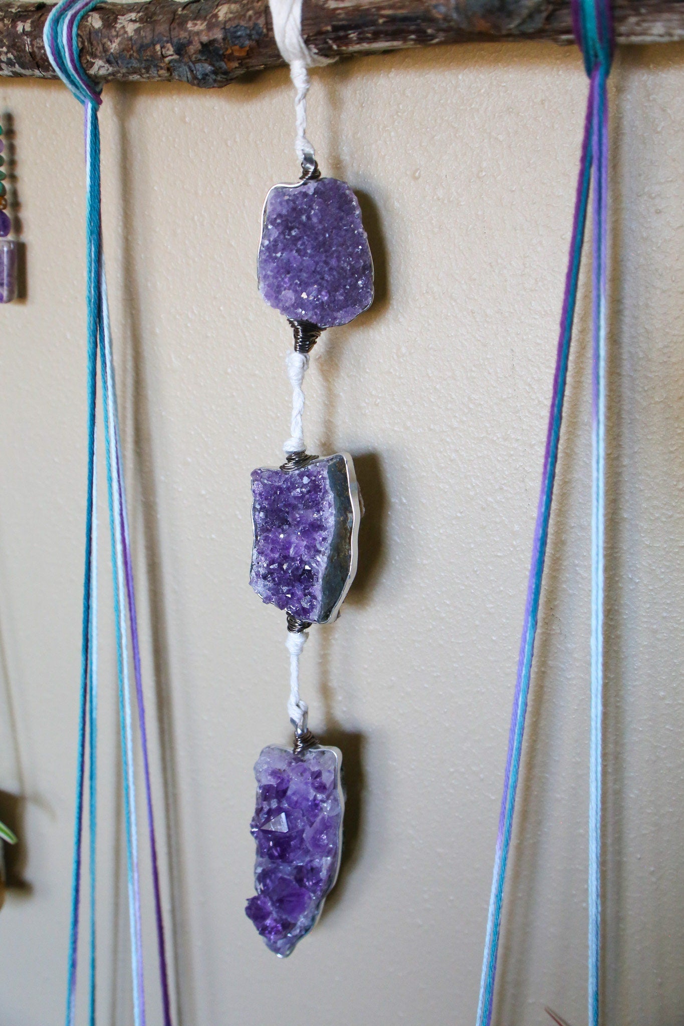 Amethyst cluster medium driftwood wall hanging with pots & candle holders