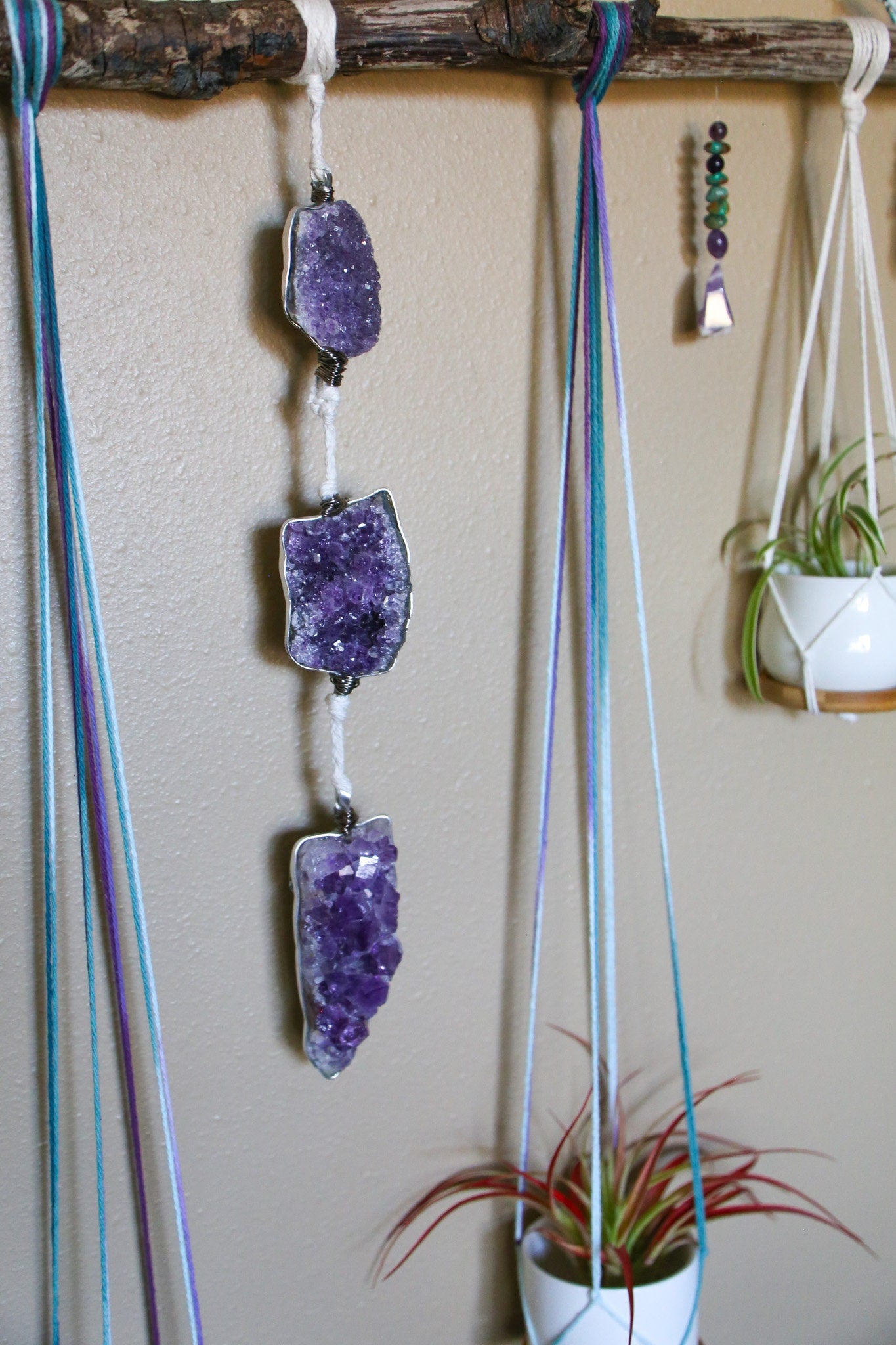 Amethyst cluster medium driftwood wall hanging with pots & candle holders