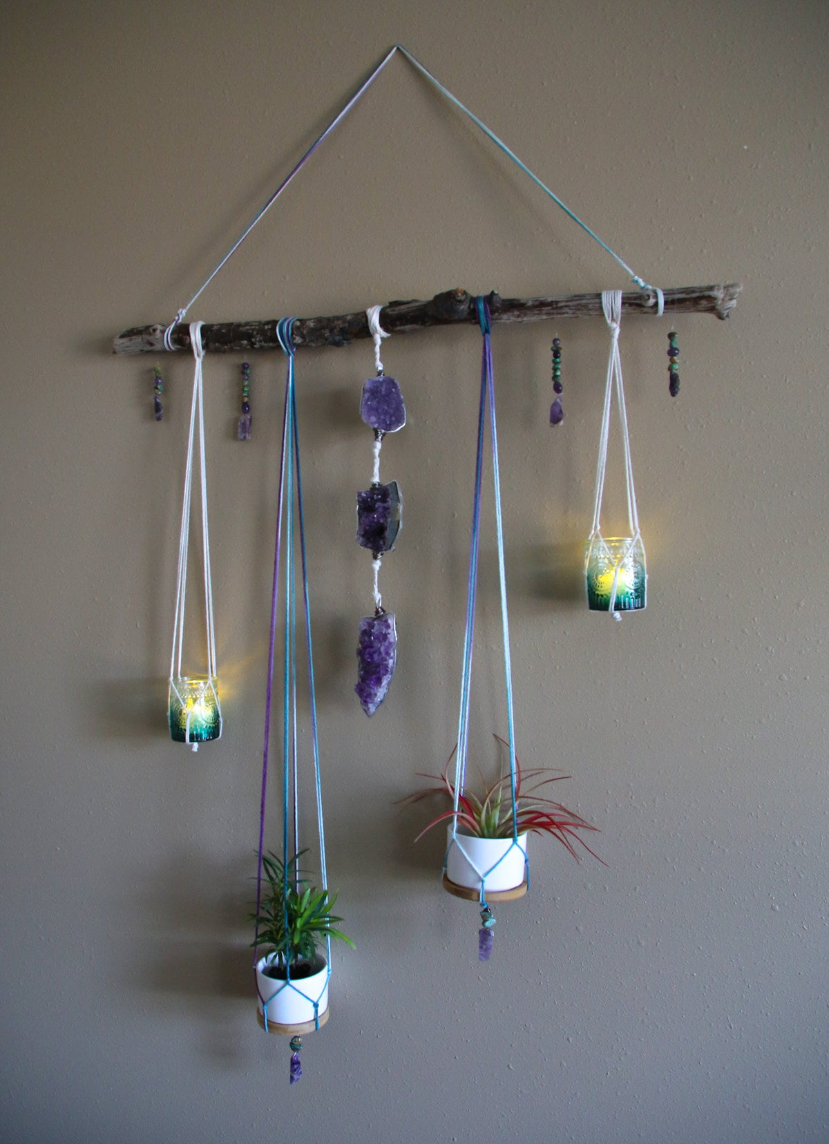 Amethyst cluster medium driftwood wall hanging with pots & candle holders