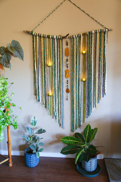 Gemstone wood slice candle holder fiber driftwood wall hanging