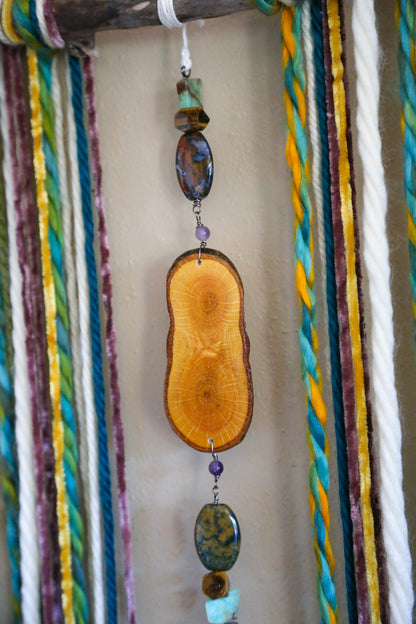 Gemstone wood slice candle holder fiber driftwood wall hanging