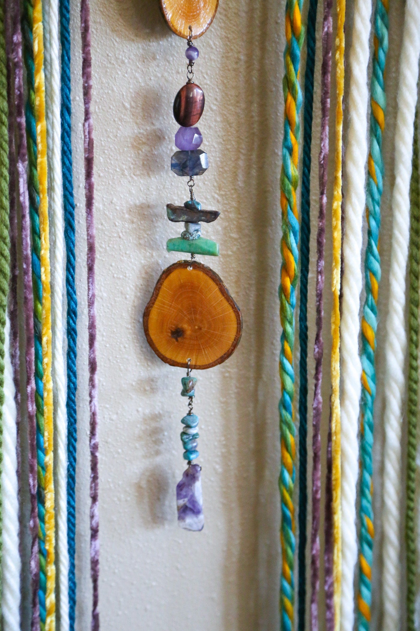 Gemstone wood slice candle holder fiber driftwood wall hanging