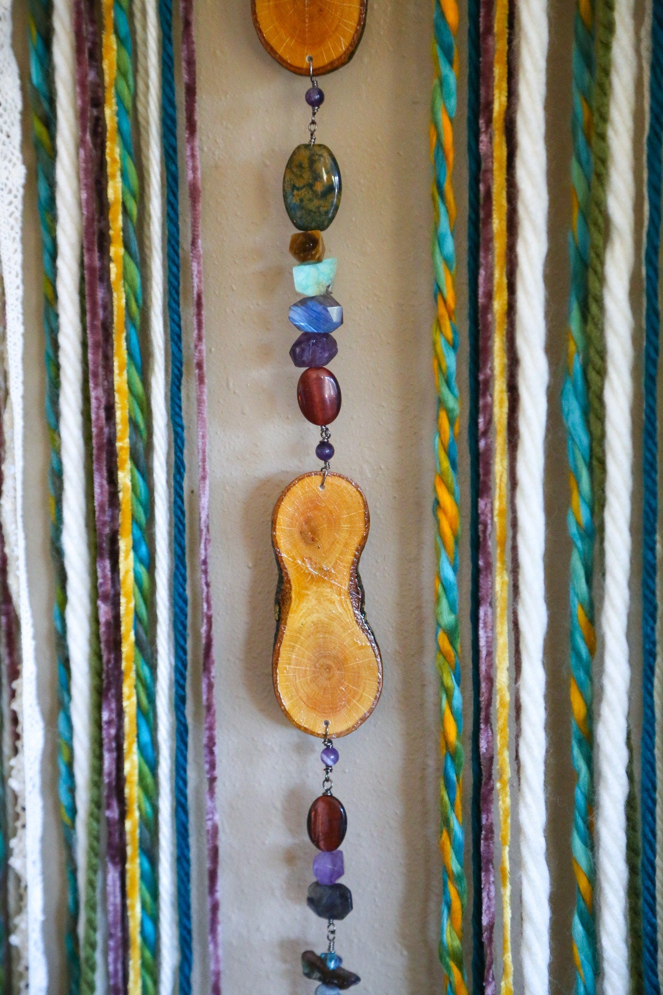 Gemstone wood slice candle holder fiber driftwood wall hanging
