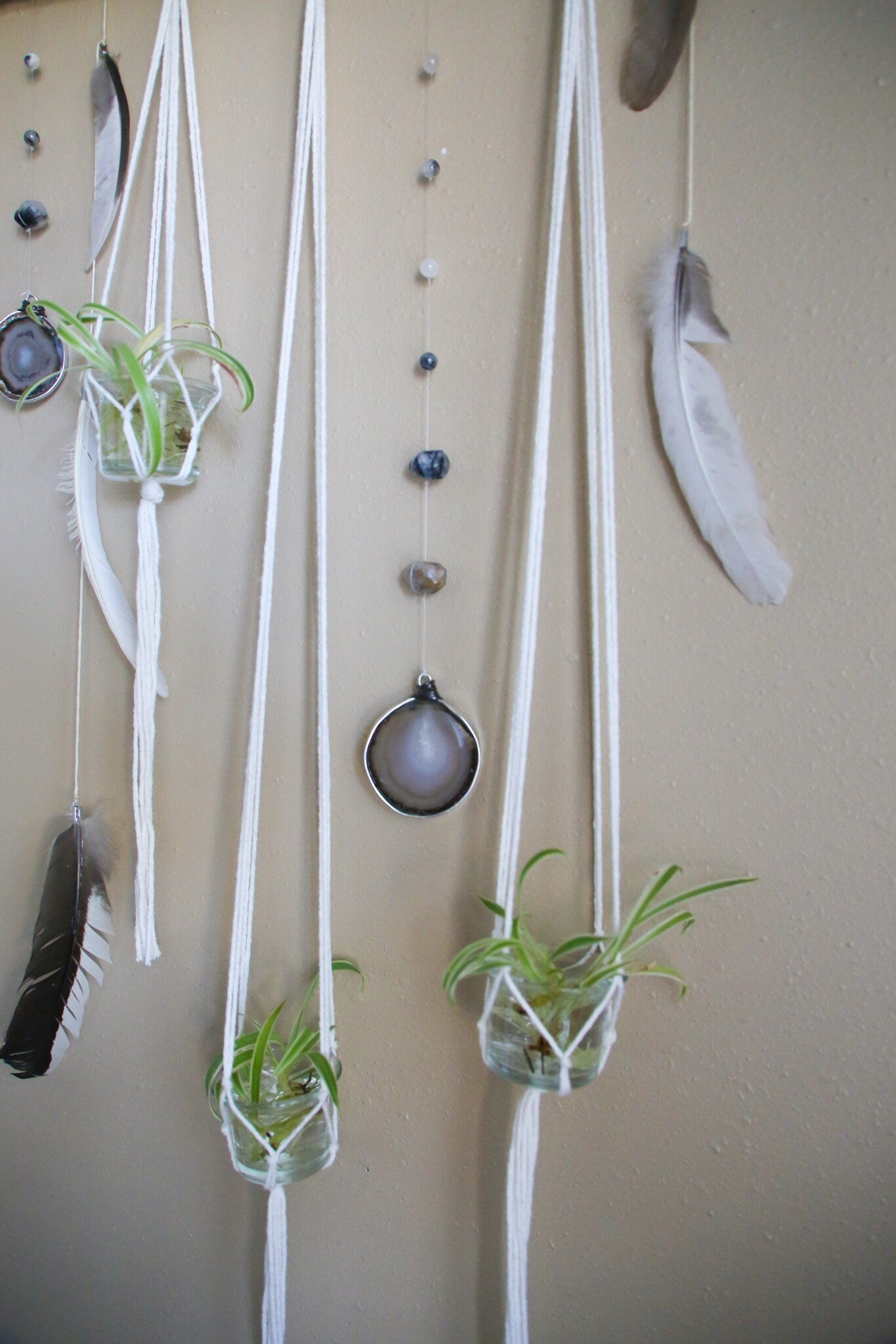 Driftwood Wall Hanging | agate slice gemstone feather 3 piece planter candle holder