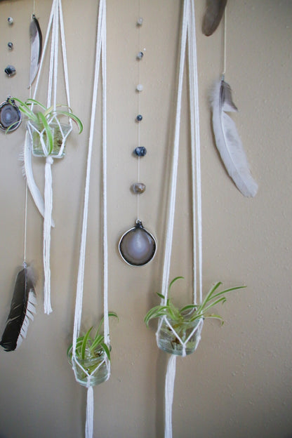 Driftwood Wall Hanging | agate slice gemstone feather 3 piece planter candle holder