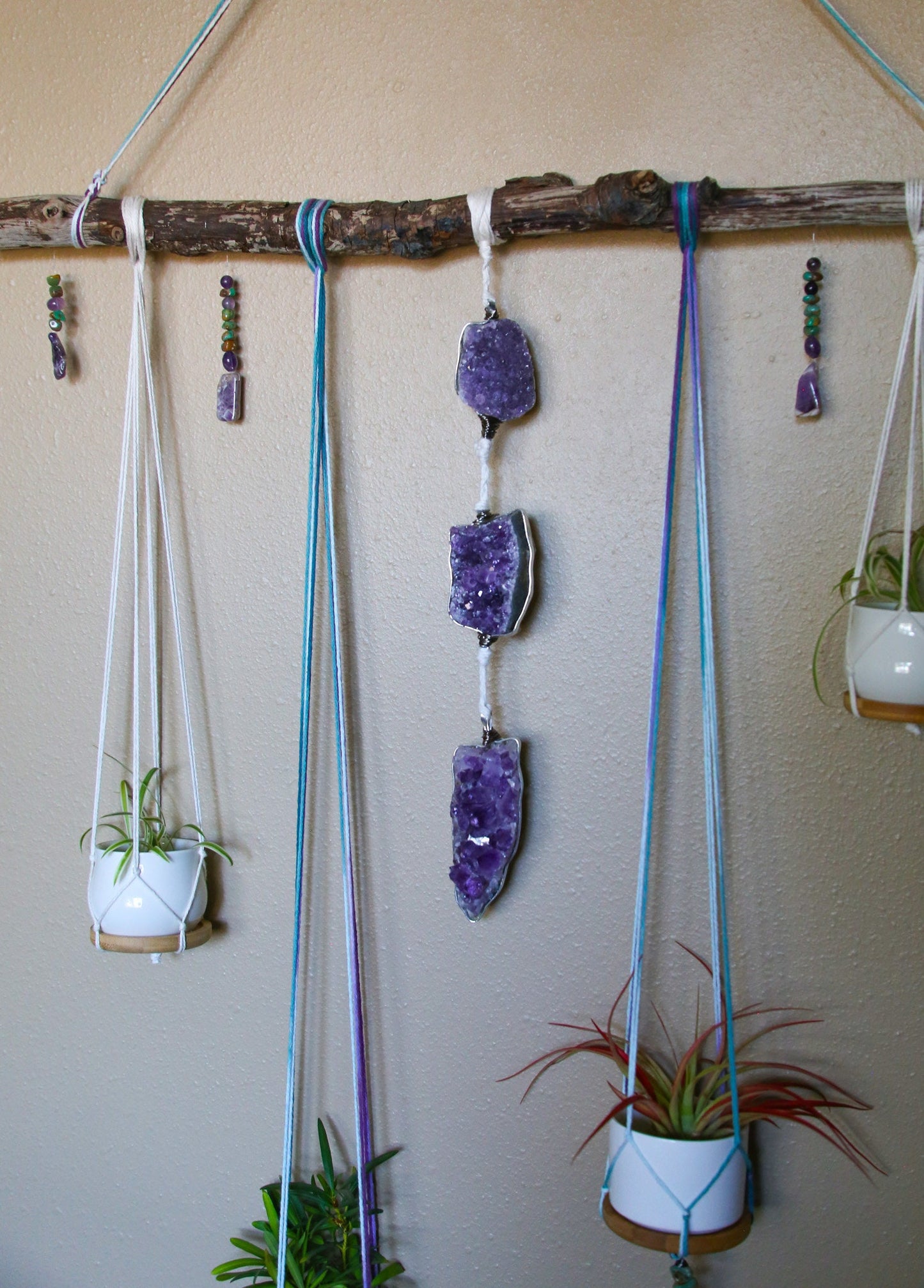 Amethyst cluster medium driftwood wall hanging with pots & candle holders