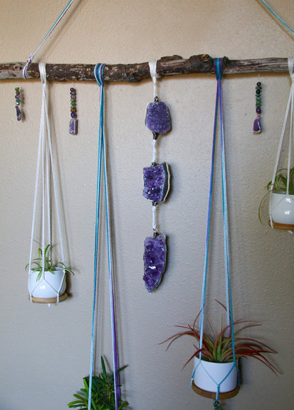 Amethyst cluster medium driftwood wall hanging with pots & candle holders