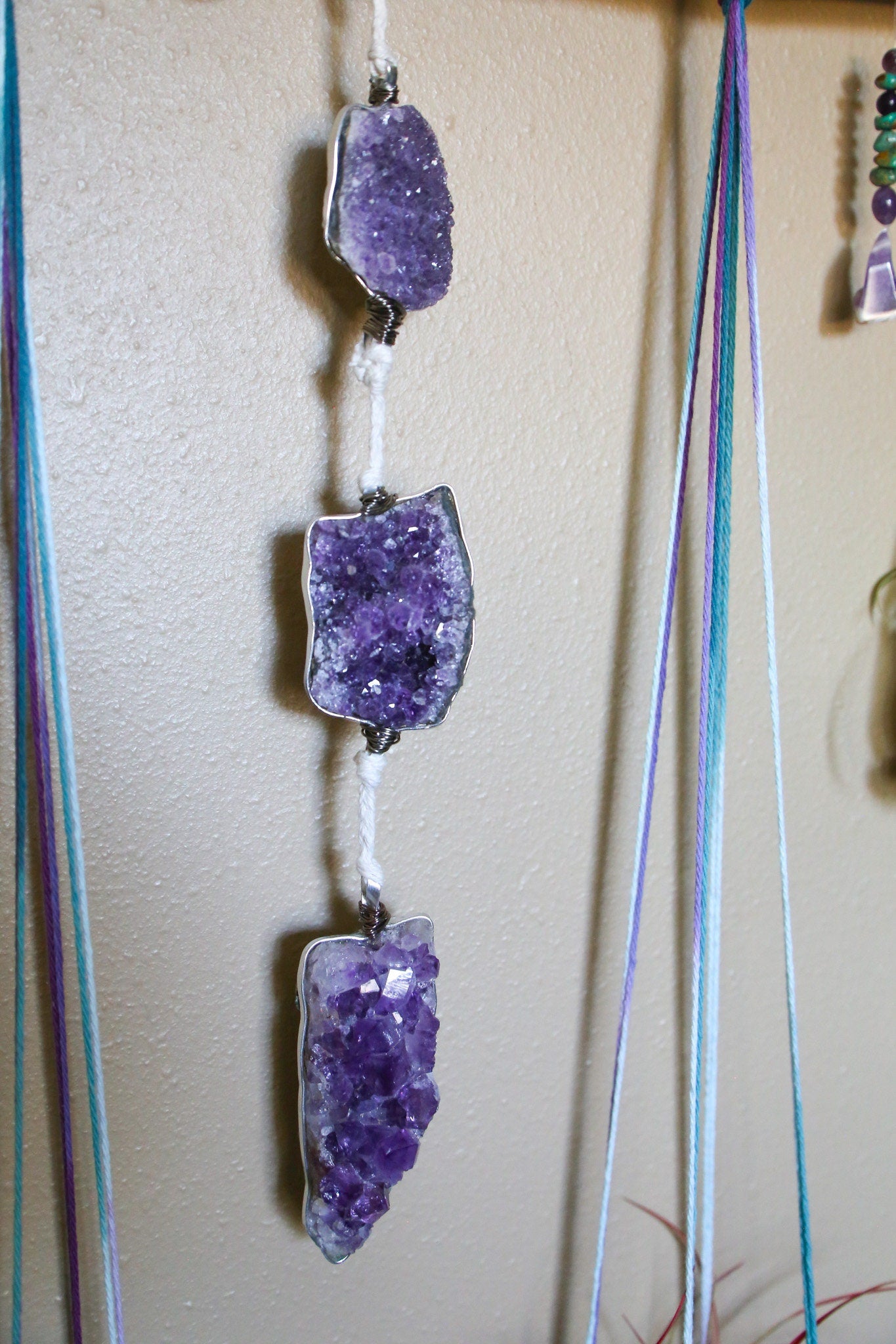 Amethyst cluster medium driftwood wall hanging with pots & candle holders