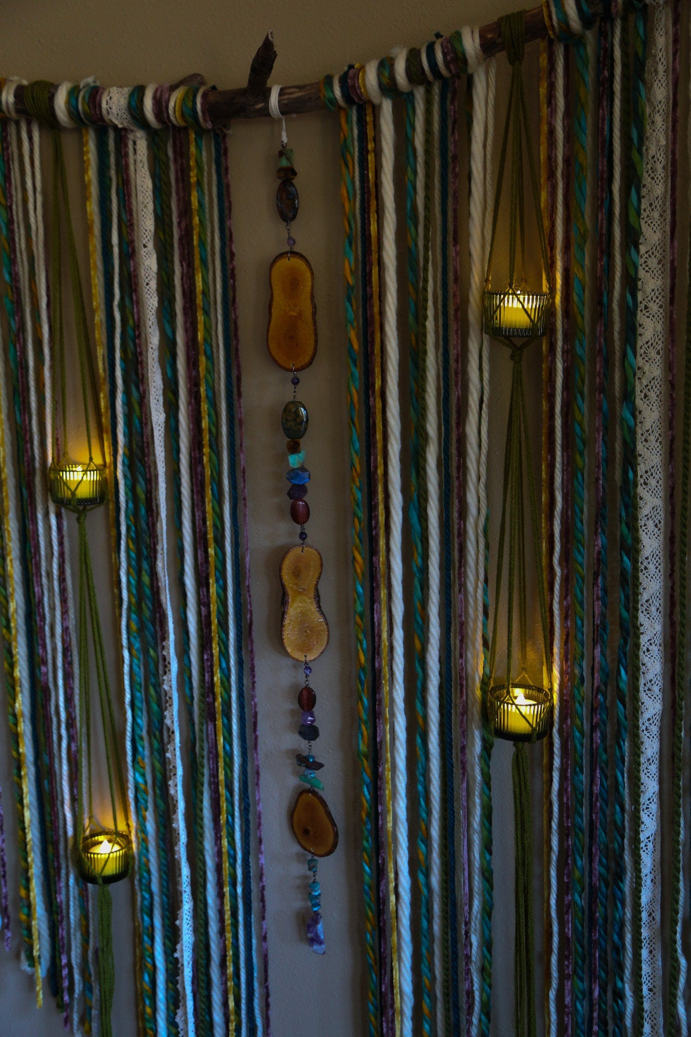 Gemstone wood slice candle holder fiber driftwood wall hanging