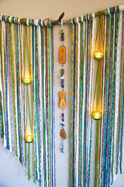 Gemstone wood slice candle holder fiber driftwood wall hanging