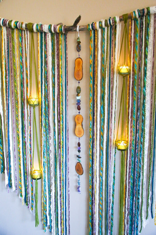 Gemstone wood slice candle holder fiber driftwood wall hanging