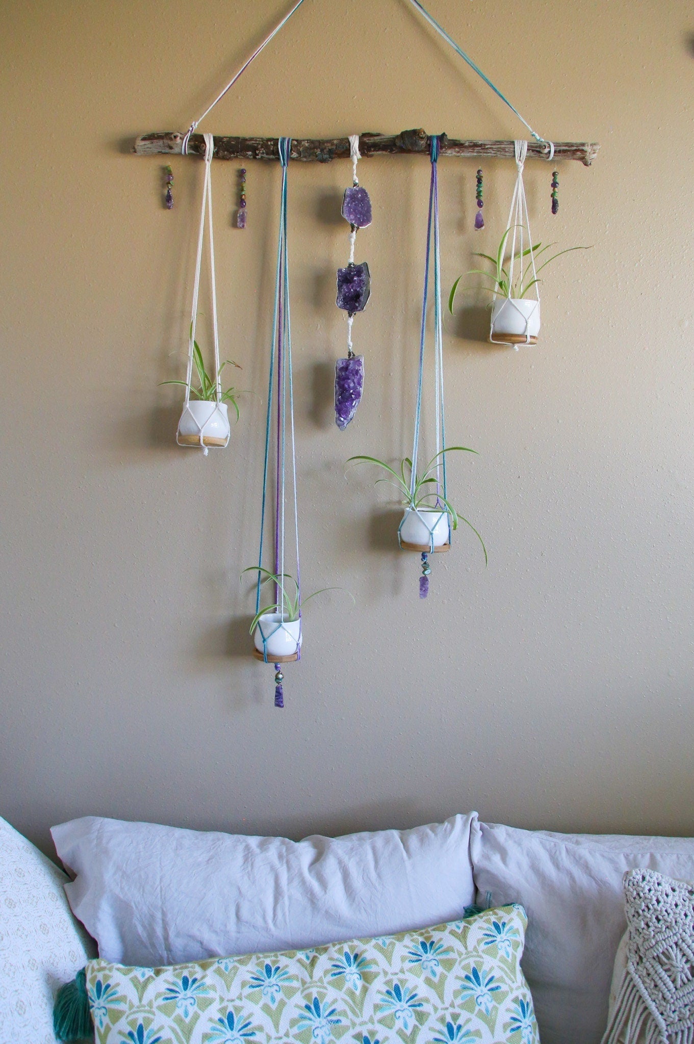 Amethyst cluster medium driftwood wall hanging with pots & candle holders