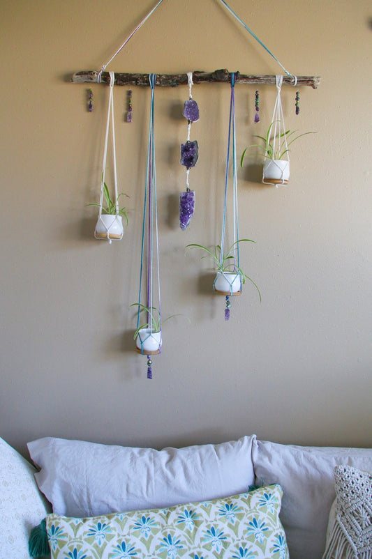 amethyst cluster medium driftwood wall hanging with pots & candle holders /  handmade gemstone wall decor / hanging planter / candle decor
