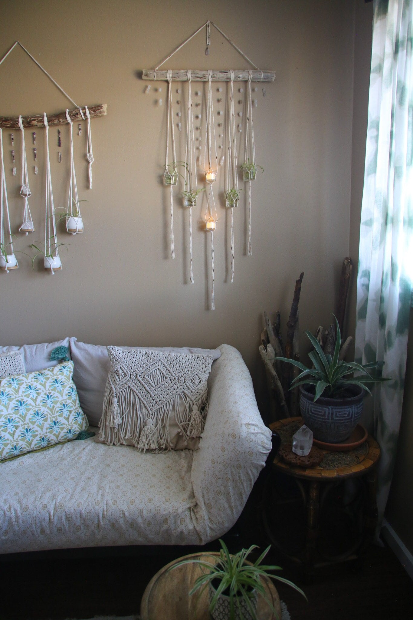 6 piece hanging planter candle holder gemstone driftwood wall hanging