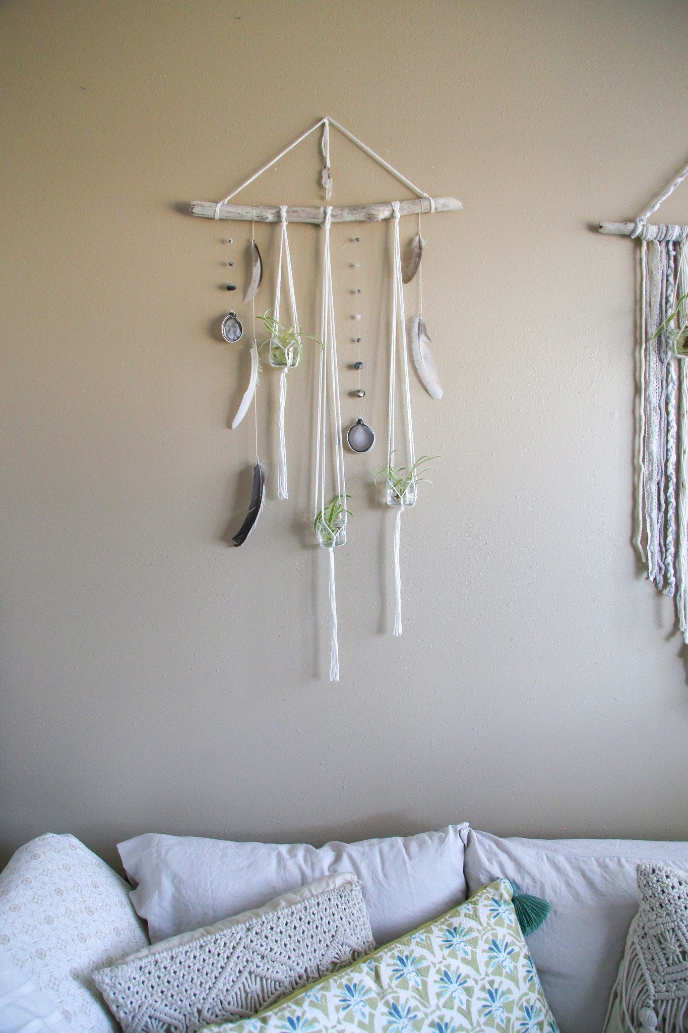 Driftwood Wall Hanging | agate slice gemstone feather 3 piece planter candle holder