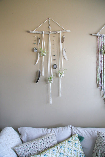 Driftwood Wall Hanging | agate slice gemstone feather 3 piece planter candle holder