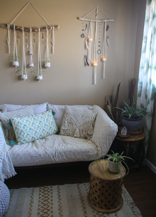 Driftwood Wall Hanging | agate slice gemstone feather 3 piece planter candle holder