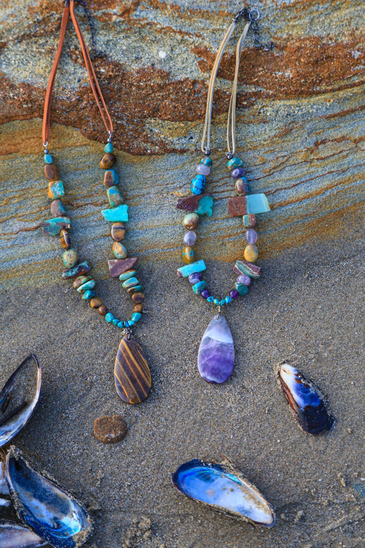 healing gemstone chunky earthy beaded necklace / organic feel amethyst necklace / turquoise / tigers eye necklace / festival fashion / boho