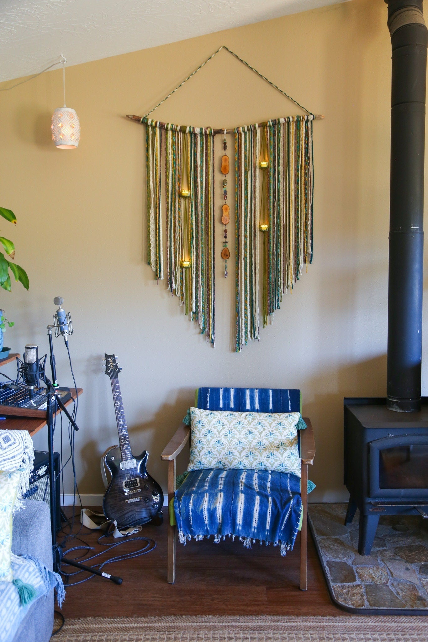 Gemstone wood slice candle holder fiber driftwood wall hanging