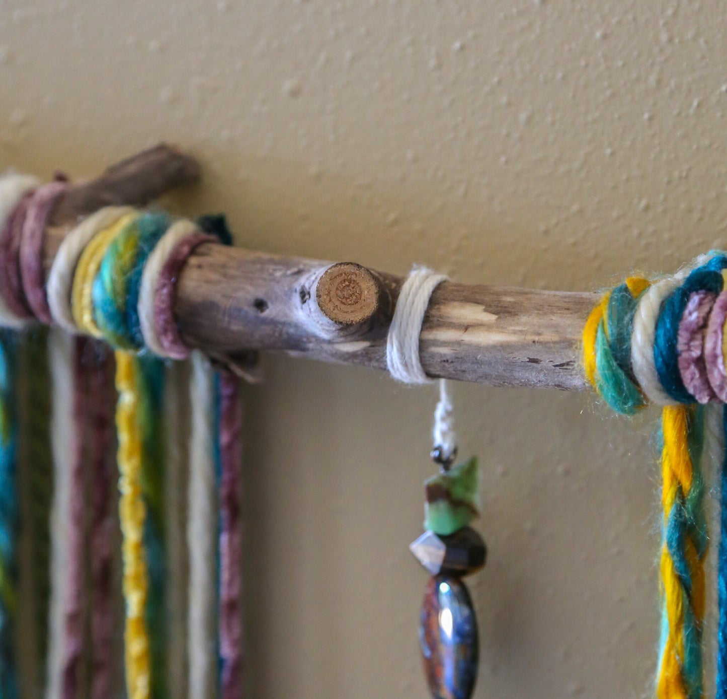 Gemstone wood slice candle holder fiber driftwood wall hanging