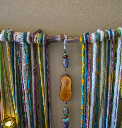 Gemstone wood slice candle holder fiber driftwood wall hanging