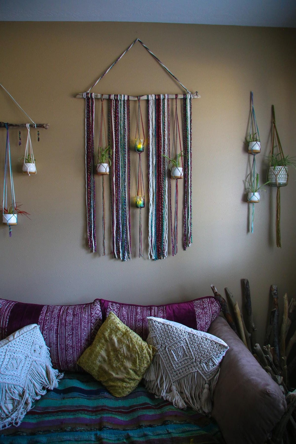 Large 4 pot hanging driftwood planter with rainbow fiber