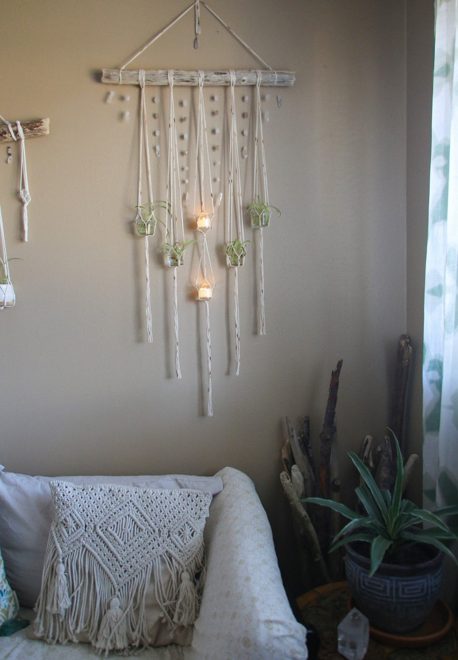6 piece hanging planter candle holder gemstone driftwood wall hanging
