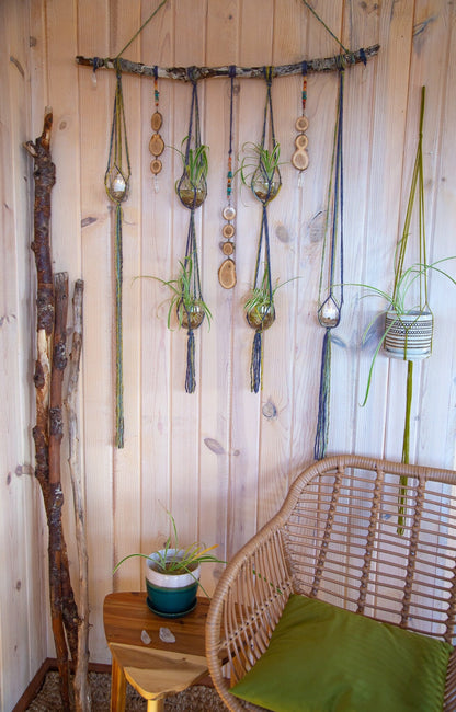 6 Plant Hanger with Quartz, Turqoise, Wood and Fiber