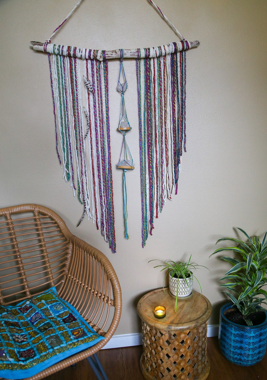 Large Quartz crystal rainbow fiber driftwood wall hanging