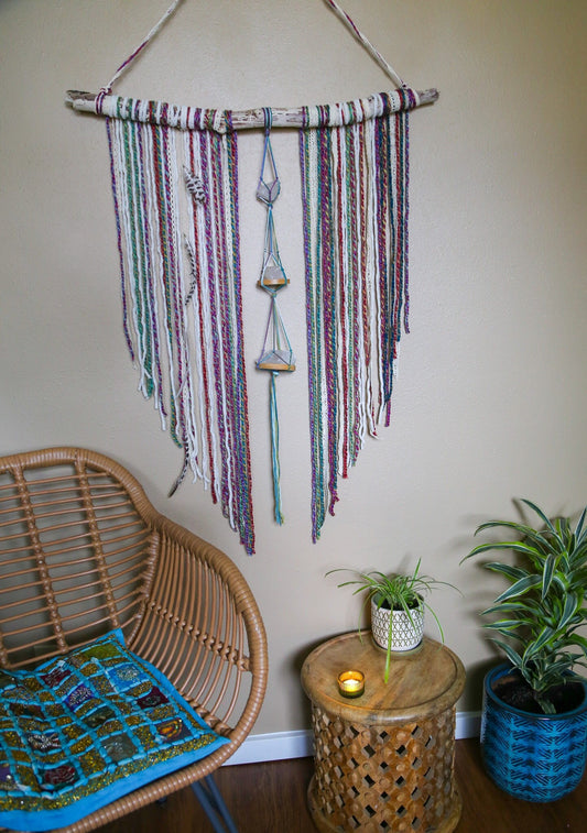large Quartz crystal rainbow fiber driftwood wall hanging / bohemian wall decor / large Quartz crystals / rainbow wall art/ pride home decor