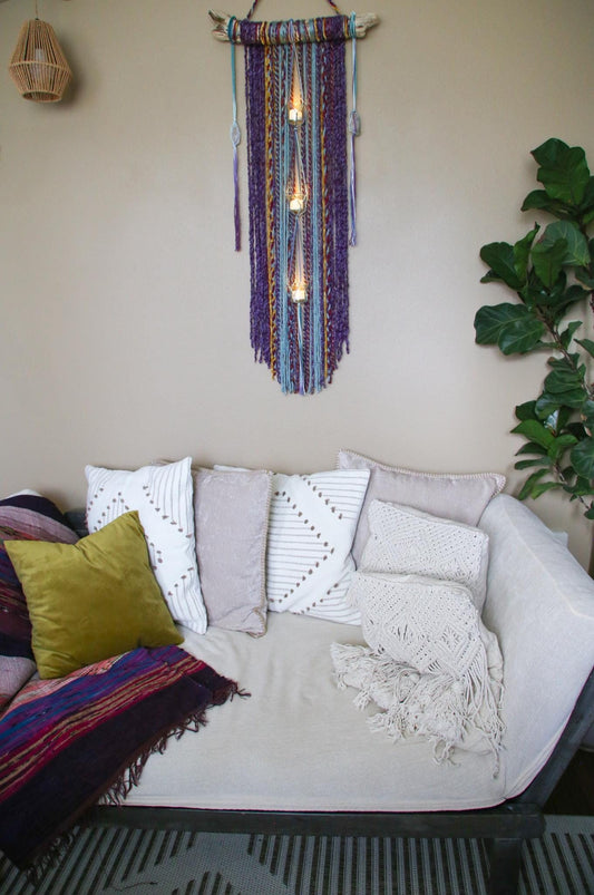 long medium size driftwood wall hanging / colorful rainbow fiber art / quartz crystal / hanging candle holder / earthy boho wall decor
