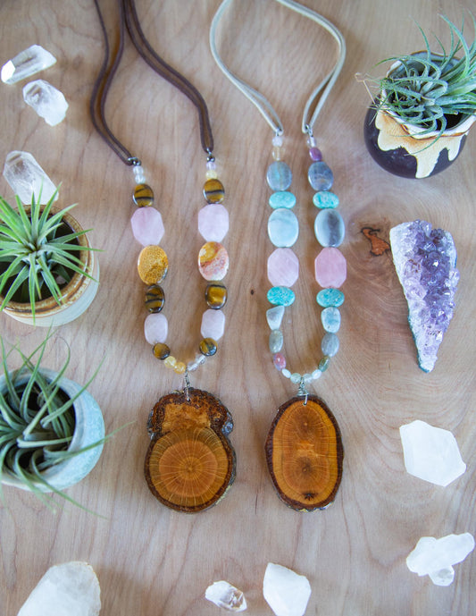 wood slice gemstone beaded necklace / large statement piece design / boho festival necklace / large Earthy chunky necklace / wood jewelry