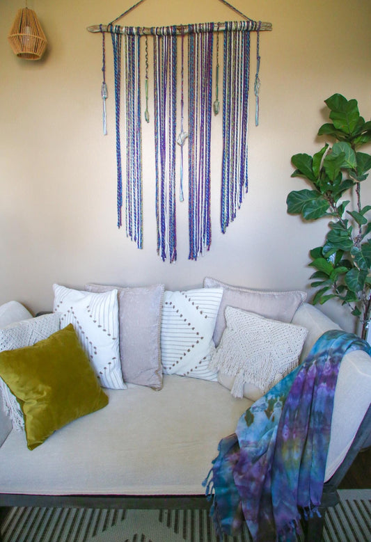 X-L rainbow colored fiber driftwood wall hanging with Quartz crystals / boho pride home decor / Quartz crystal wall decor / handmade
