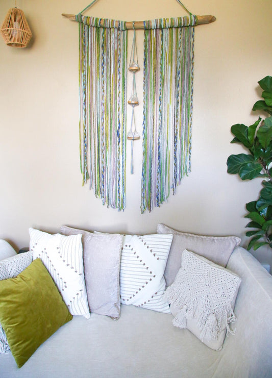 large colorful driftwood wall hanging with large quartz crystals / blues and greens ombre wall decor /boho home decor / bohemian wall art