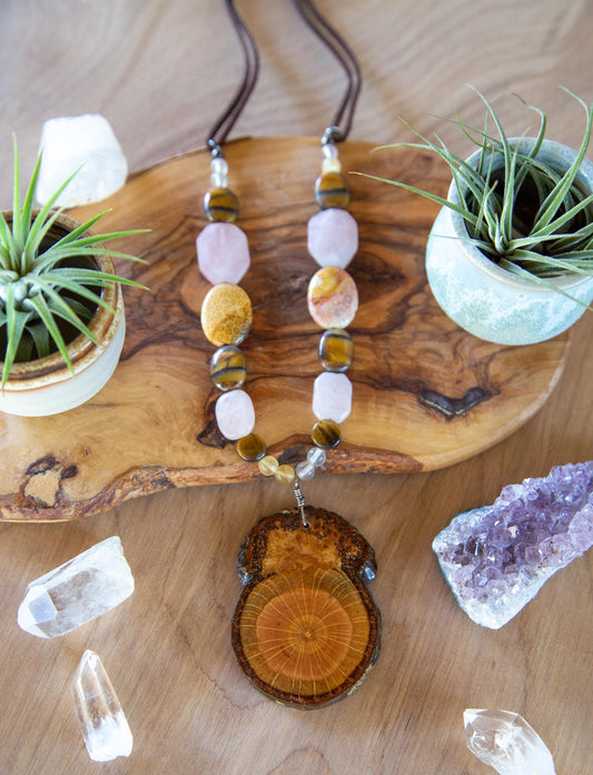 wood slice gemstone beaded necklace / large statement piece design / boho festival necklace / large Earthy chunky necklace / wood jewelry